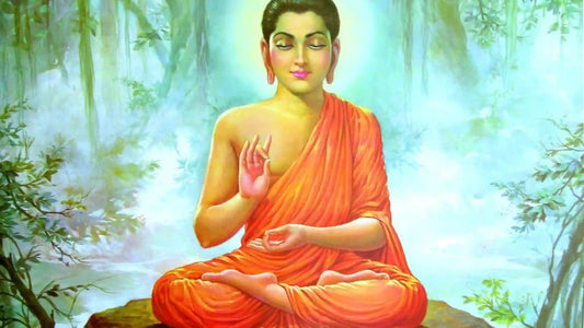 Illustration of a meditating spiritual figure in orange robes representing Shri Mahavir Chalisa