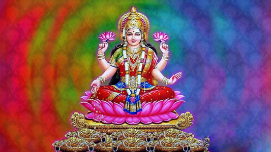 Colorful artistic depiction of Goddess Lakshmi sitting on a lotus with Shri Mahalakshmi Chalisa theme