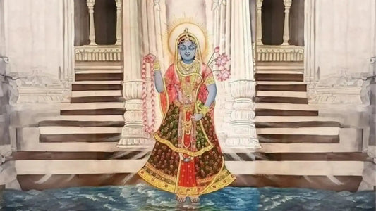 Artistic depiction of Shri Yamuna Ashtakam with traditional details and serene water backdrop