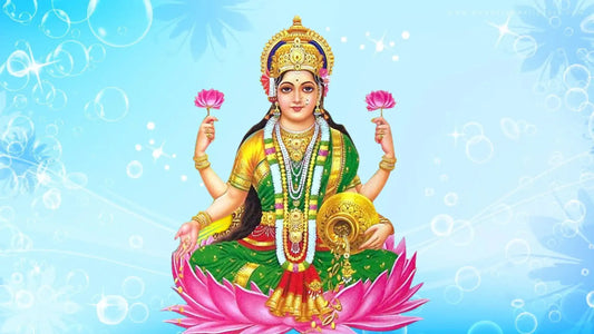 Goddess Lakshmi depicted with multiple arms, symbols, and flowers, representing Dhanadalakshmi Stotram