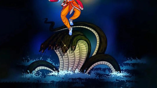 Vibrant illustration of a deity performing Nag Stotram while standing on a multi-headed serpent