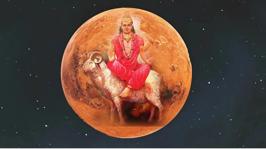 Rin Mochan Mangal Stotram image depicting a deity riding a ram against a backdrop of Mars