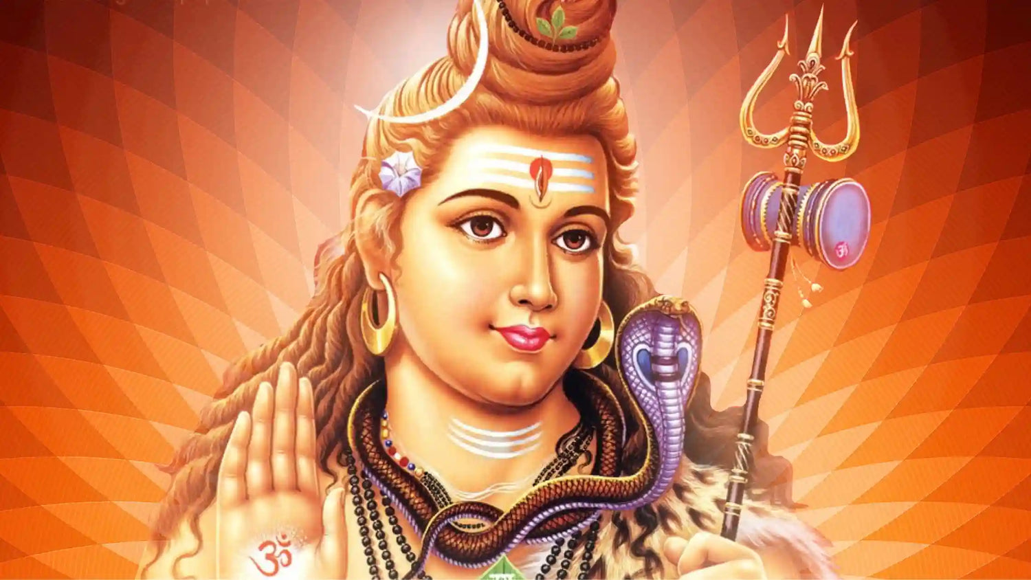 Colorful depiction of Bhagwan Shankar holding a trident and surrounded by symbolism, representing devotion