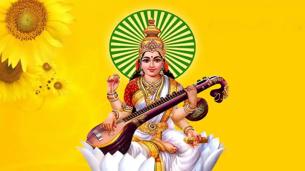 Goddess Saraswati Playing Veena Against a Bright Yellow Background with Sunflowers, Agastya Saraswati Stotram Theme