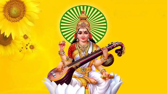 Goddess Saraswati Playing Veena Against a Bright Yellow Background with Sunflowers, Agastya Saraswati Stotram Theme