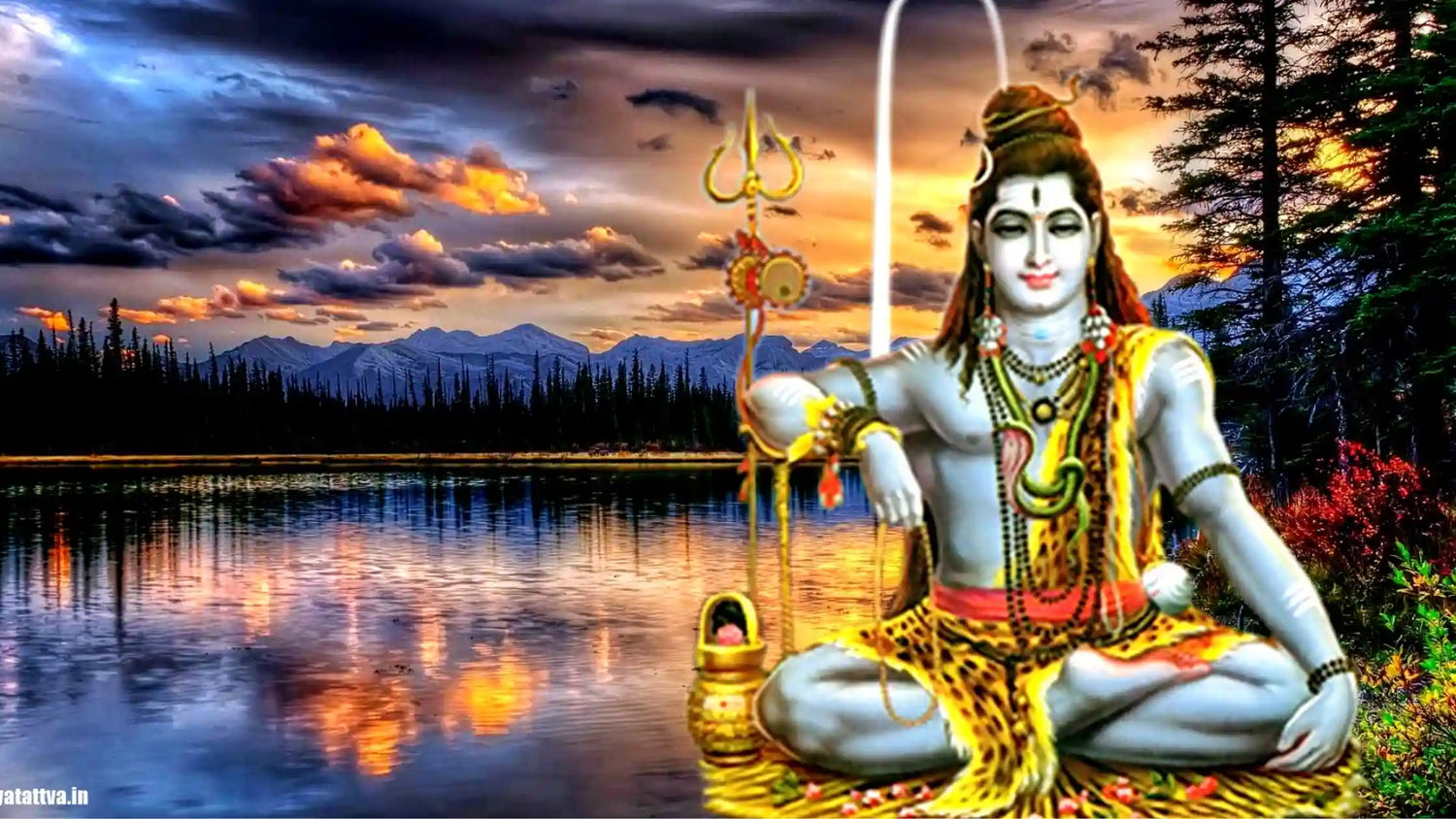 Lord Kailasavasi Aarti with a serene landscape featuring mountains and water at sunset