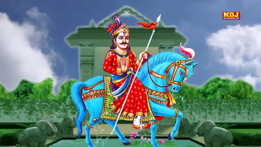 Illustration of a warrior deity on a blue horse in traditional attire for Shri Jaharveer Chalisa