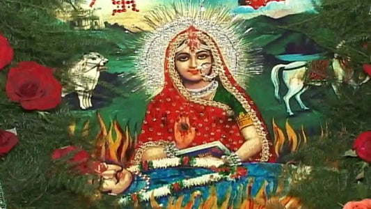 Illustration of goddess with halo surrounded by animals and flames representing Shri Rani Sati Chalisa