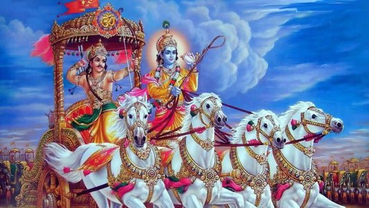 Illustration of Lord Krishna and Arjuna riding a chariot with white horses featuring Bhagavad Gita Chalisa theme