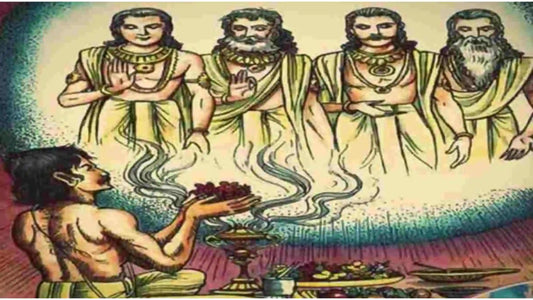 Illustration of Shri Pitar Aarti ritual with a devotee performing offerings to ancestral figures
