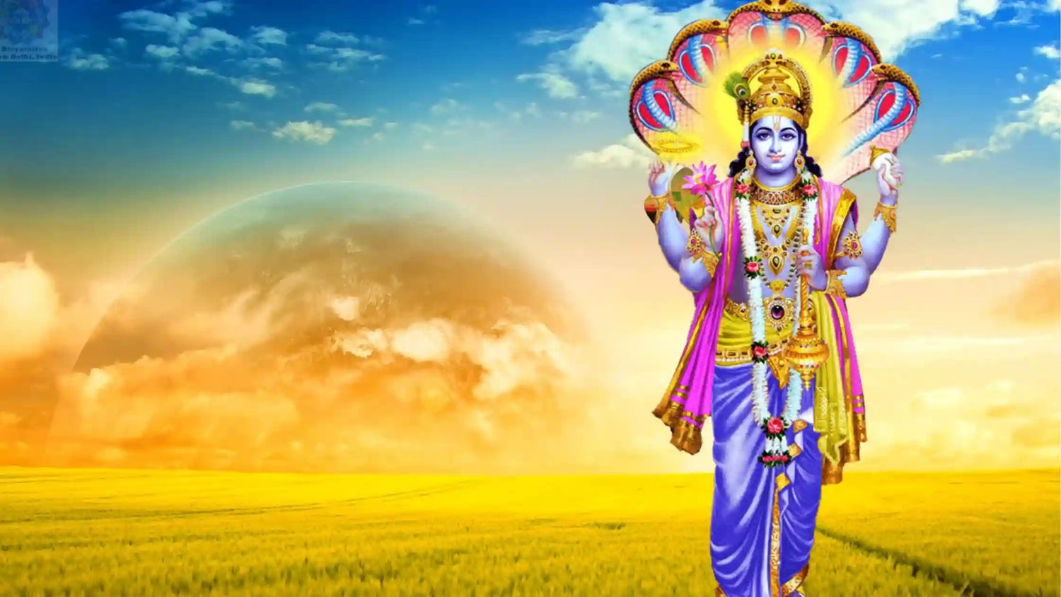 Lord Purushottam Aarti image featuring a serene landscape and divine figure of Lord Vishnu