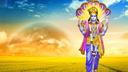Lord Purushottam Aarti image featuring a serene landscape and divine figure of Lord Vishnu