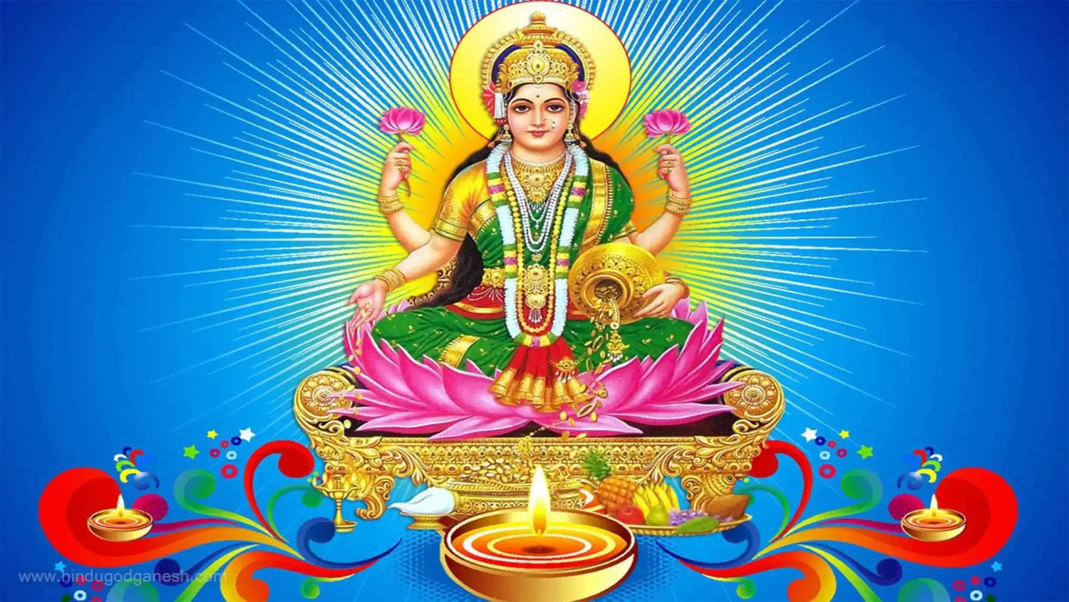 Mahalakshmi Ashtakam illustration featuring Goddess Lakshmi on a decorative lotus throne