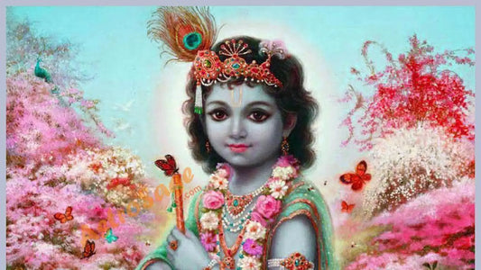 Colorful painting of Lord Krishna surrounded by nature symbolizing the Madhura Ashtakam devotional theme