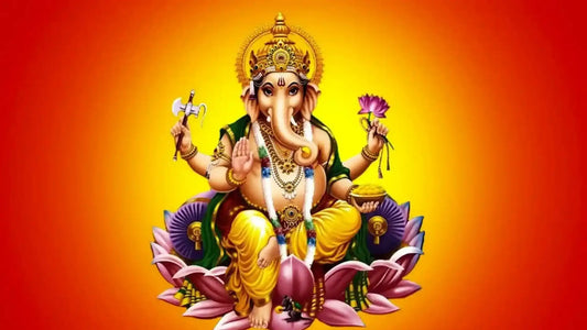 Vibrant image of Lord Ganesha with Shri Ganapati Atharvashirsha Stotram representing wisdom and prosperity