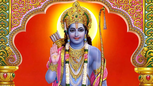 Vibrant depiction of Lord Rama with ornate decorations and golden background representing Shri Rama Ashtakam