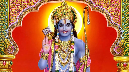 Vibrant depiction of Lord Rama with ornate decorations representing Shri Rama Raksha Stotram