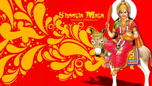 Shri Shitala Ashtakam with Goddess Shitala sitting on a cow, adorned in colorful attire