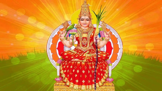 Lalita Mata Aarti with a vibrant depiction of the goddess seated in an ornate pose