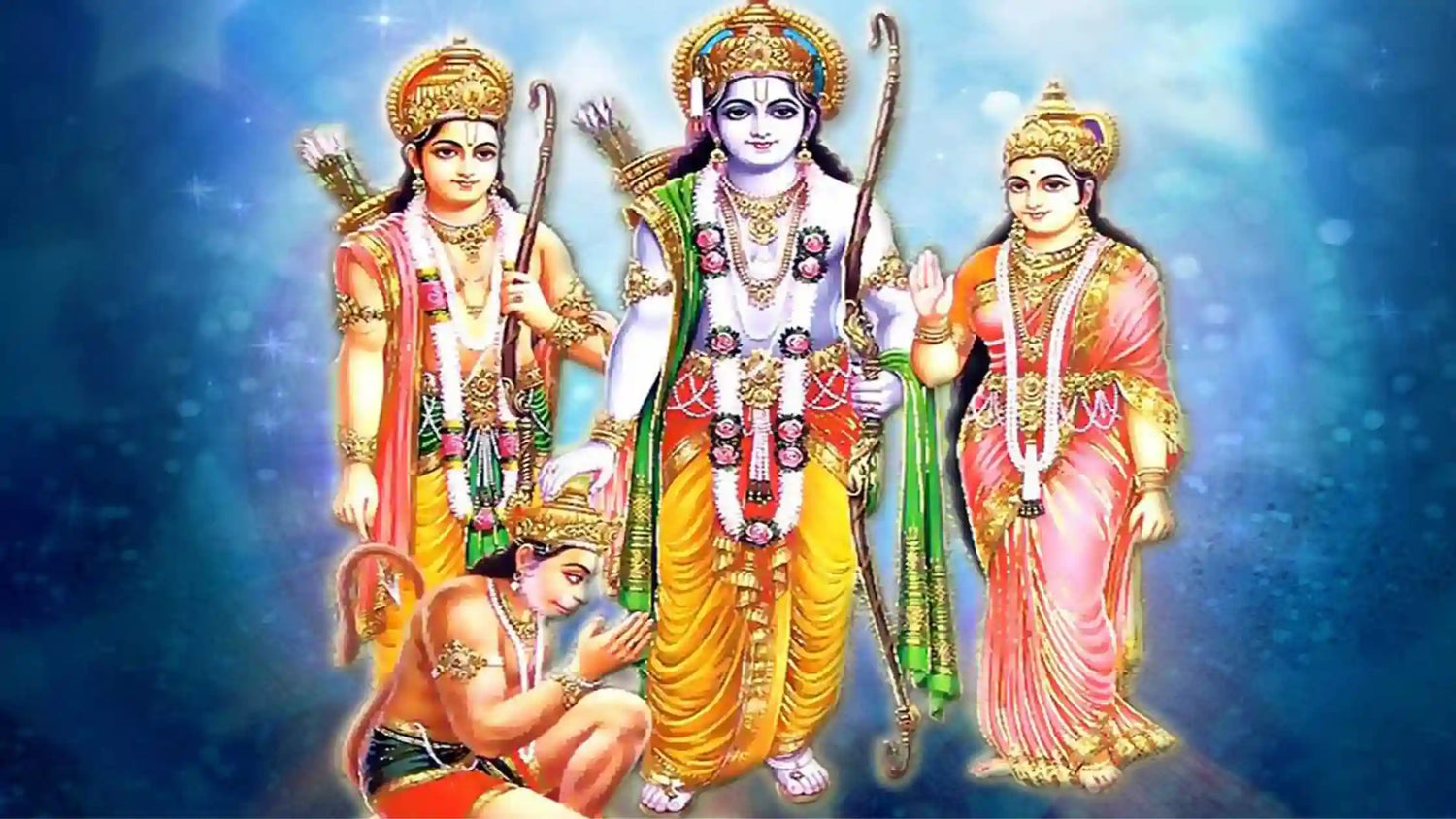 Divine depiction of Shri Ramayan Ji Aarti with Lord Rama, Sita, Lakshman, and Hanuman