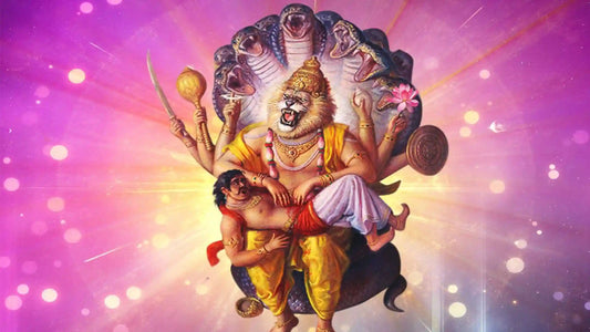 Artistic depiction of Lord Narasimha with multiple arms and a serpent hood, illustrating the Shri Narasimha Chalisa