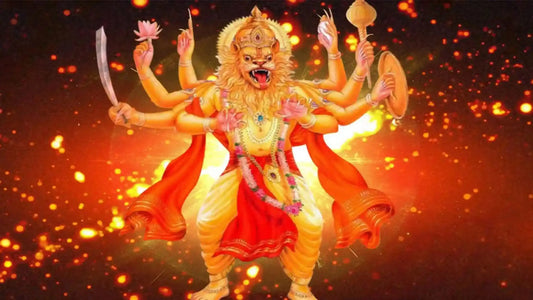 Vibrant depiction of Narsingh Kunwar Aarti with multiple arms holding weapons and symbols
