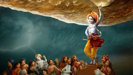 Lord Krishna lifting Govardhan Hill during Shri Govardhan Aarti, surrounded by devotees and stormy skies
