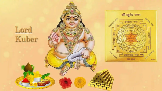 Lord Kubera Aarti with an image of Lord Kubera, offerings, and a gold yantra for worship