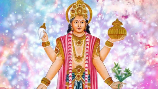 Beautiful illustration of Lord Dhanvantari with sacred items and a colorful background for Lord Dhanvantari Aarti