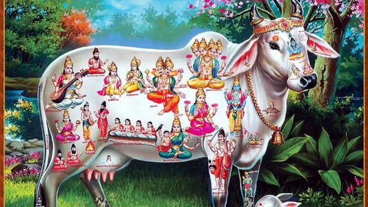 Colorful illustration of a cow depicting various deities for Gau Mata Aarti celebration