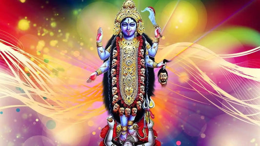 Colorful artistic depiction of Goddess Kali with a vibrant background for Kali Mata Chalisa