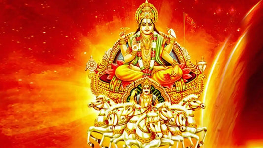 Spiritual depiction of Shri Surya Mandala Ashtakam featuring the sun god with divine chariots and horses