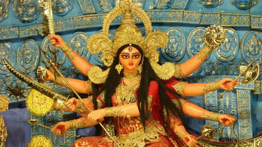 Artistic depiction of Goddess Durga with multiple arms representing power, relevant to Argala Stotram