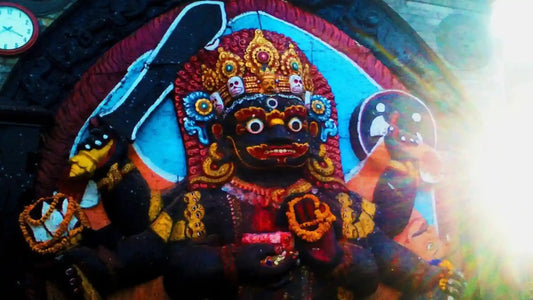 Colorful depiction of Lord Batuka Bhairava Aarti with ornate accessories and offerings