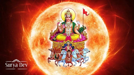 Shri Surya Ashtakam depicting Lord Surya with divine attributes against a radiant sun backdrop
