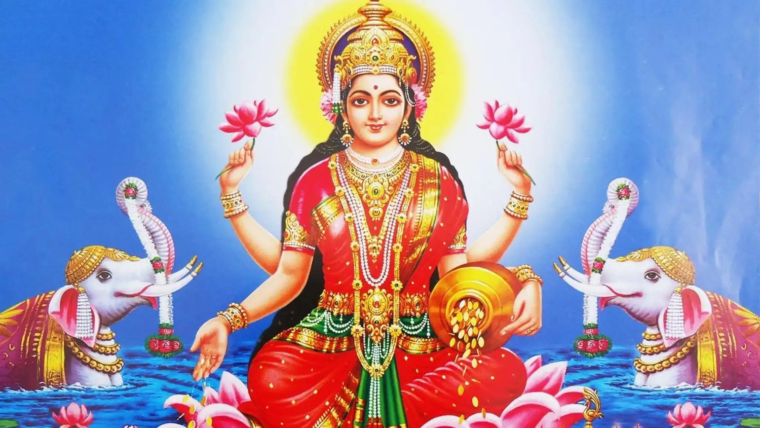 Colorful depiction of Goddess Lakshmi surrounded by elephants and lotus flowers, symbolizing Ashtalakshmi Stotram