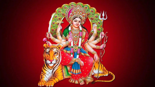 Vibrant illustration of Vindhyeshwari Mata Aarti showcasing the goddess with a tiger and elaborate details