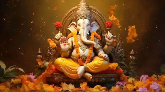 Decorative idol of Lord Ganesha adorned with flowers, symbolizing Shri Ganapati Stotram devotion