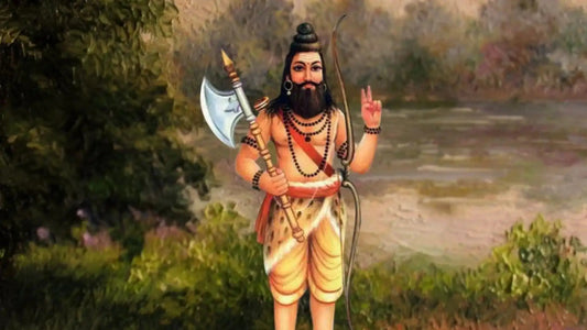 Illustration of Shri Parashurama with an axe, standing by a serene landscape, symbolizing devotion