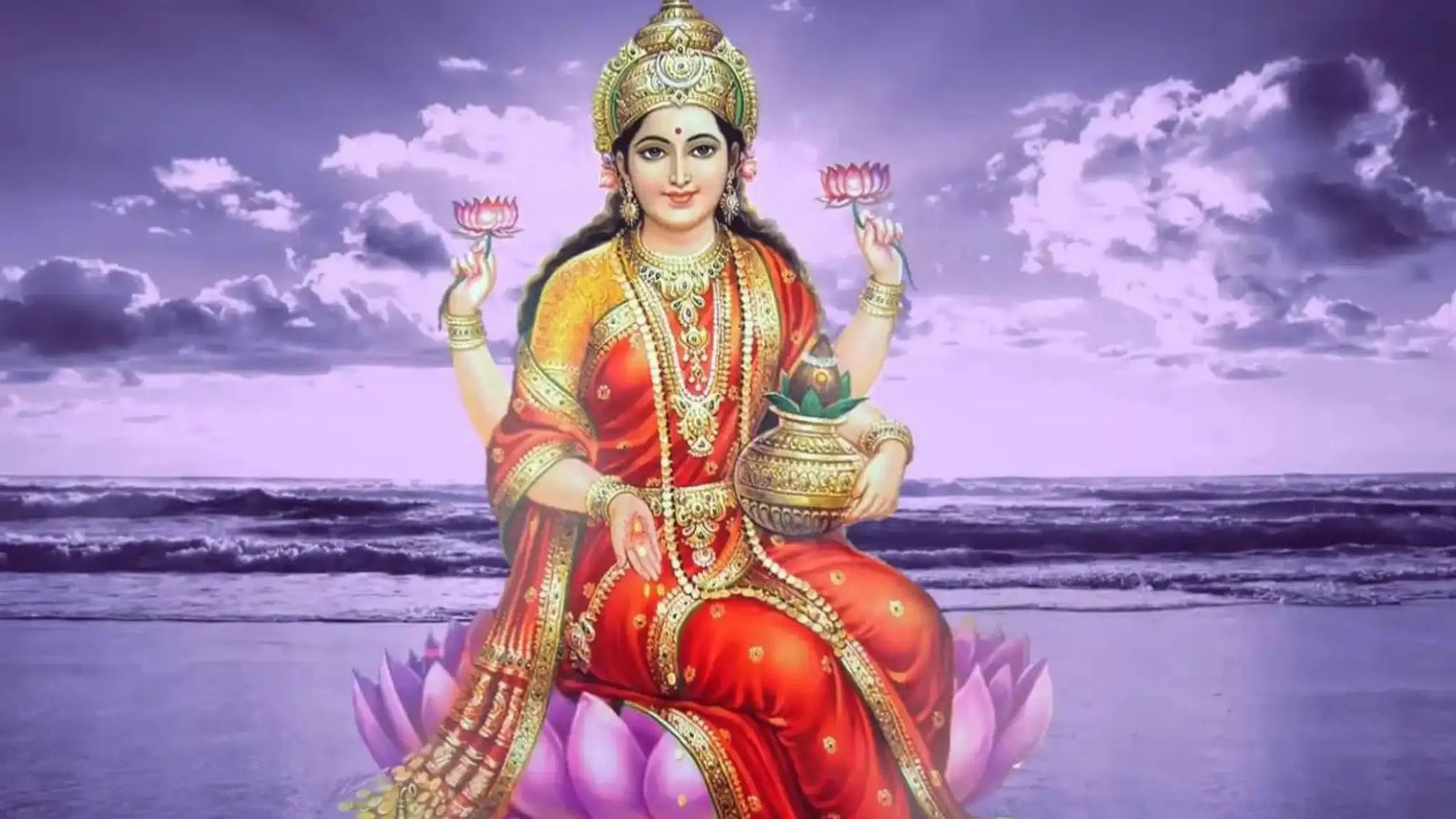Image of Goddess Lakshmi sitting on a lotus holding flowers, representing Shri Suktam Paath.