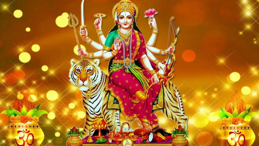 Divine depiction of Goddess Durga with Vedoktam Ratri Suktam elements in a vibrant background