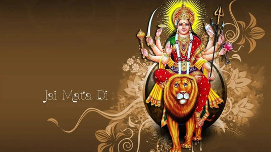 Vibrant depiction of Goddess Durga with a lion, symbolizing strength and devotion in Tantroktam Ratri Suktam