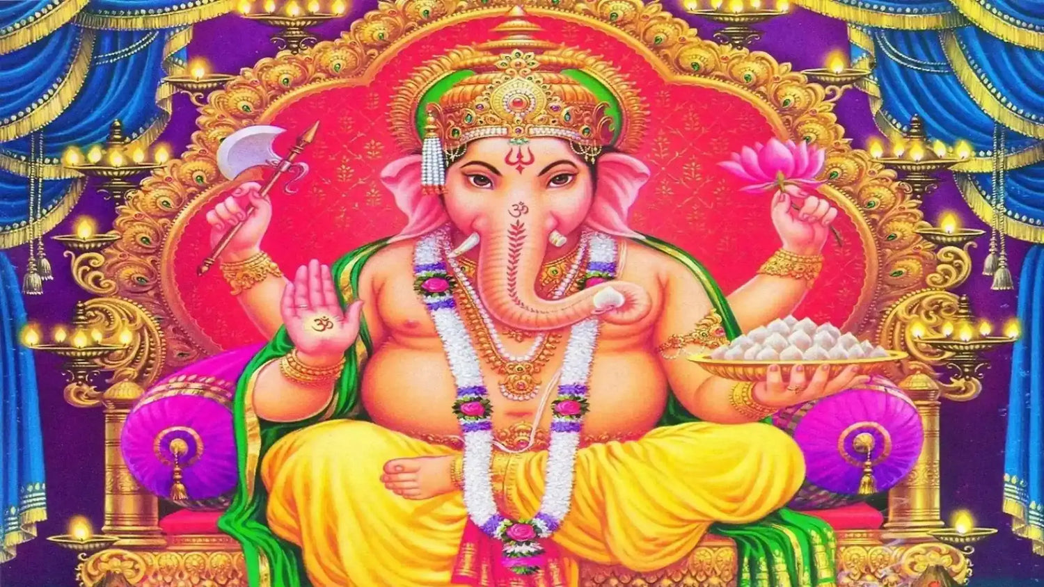 Colorful depiction of Lord Ganesha, symbolizing prosperity and wisdom, with Rinharta Ganesh Stotram theme