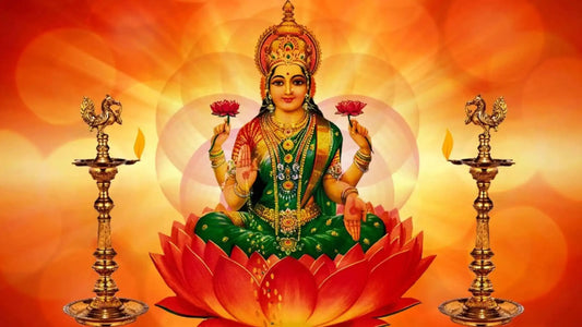 Goddess Lakshmi seated on a lotus, symbolizing wealth and prosperity, with Kanakadhara Stotram in the background