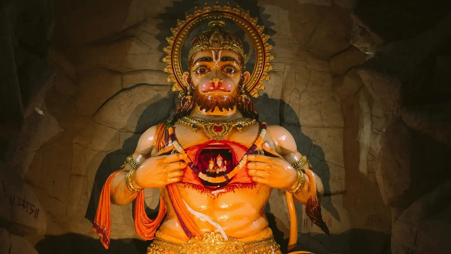Statue of Shri Hanuman showing devotion with the Shri Hanuman Tandav Stotram engraved