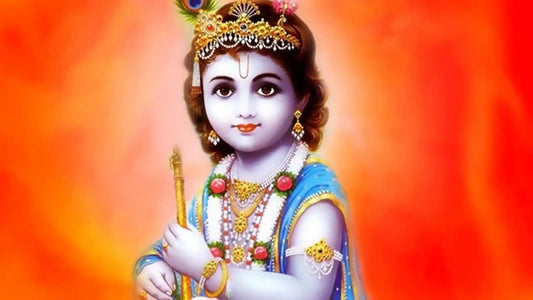 Colorful depiction of Shri Krishna Ashtakam with traditional attire and peacock feather