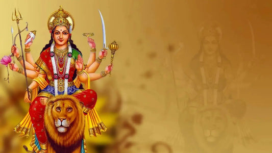 Illustration of Goddess Durga with multiple arms and a lion, representing the Devi Atharvashirsham