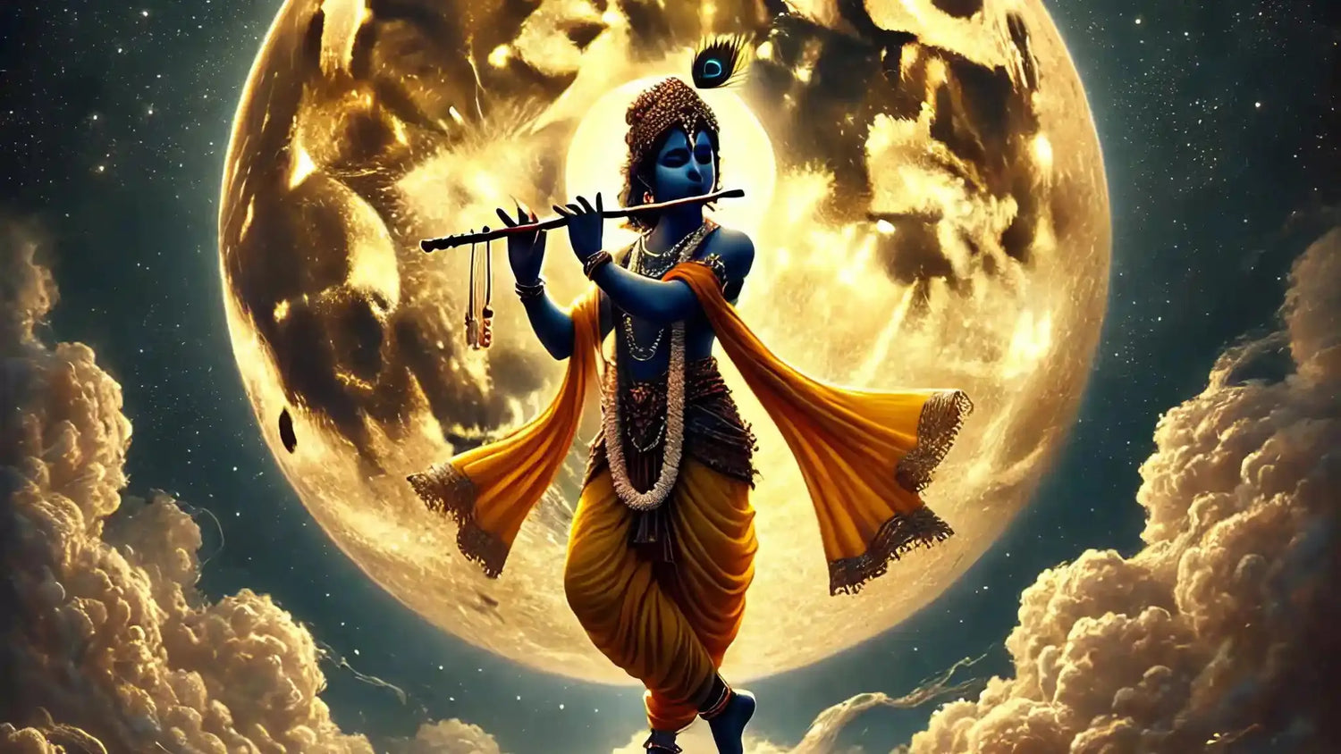 Hindu deity Krishna playing the flute against a mystical moon backdrop, inspired by Aarti Kunj Bihari Ki