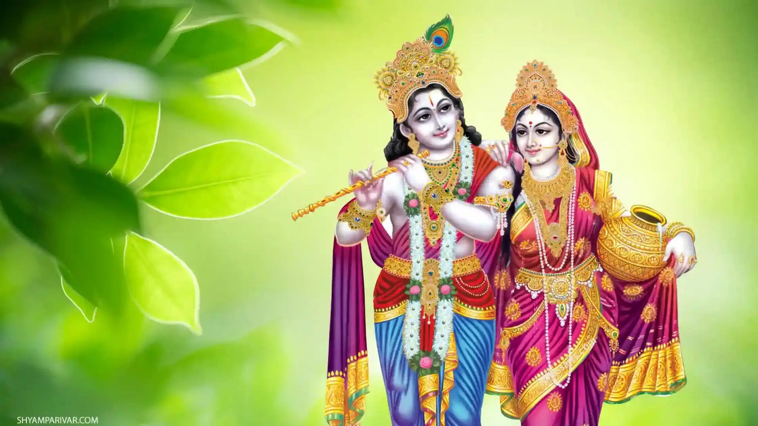 Devi Radha Aarti featuring Radha and Krishna in a colorful illustration surrounded by greenery