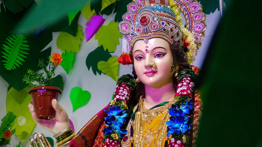Colorful idol of goddess during Shukrawar Ki Aarti with floral decorations and vibrant background